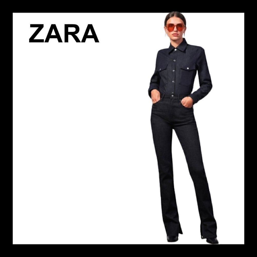 NWOT ZARA The olivia dark wash high waist slits raw hems straight leg je…
